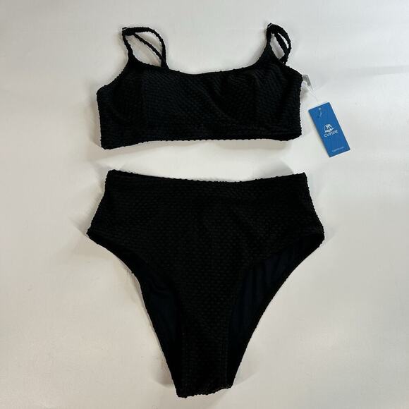 Cupshe Swimsuit Womens Small High Waisted Cheeky Textured Black - Picture 1 of 8
